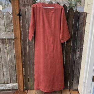 Linen 3/4 Sleeve Tie Waist Dress In Spice Sz M/L